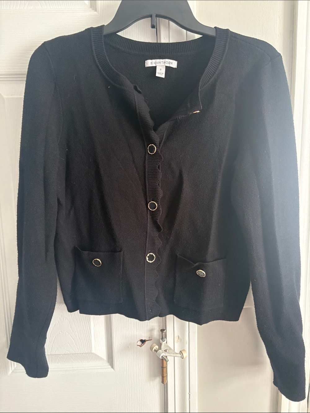 Black Button-Up Cardigan with Gold Trim